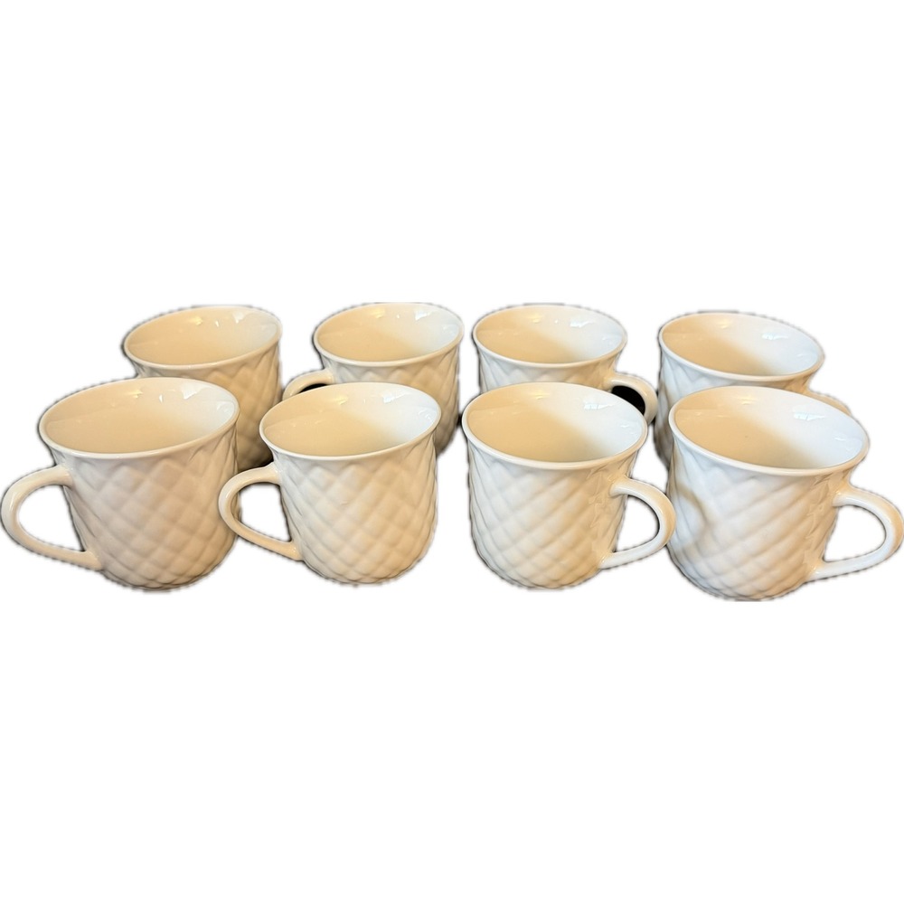 Gibson Home White Diamond Antique Quilt Coffee Tea Mugs Flat Cups Set Of 8